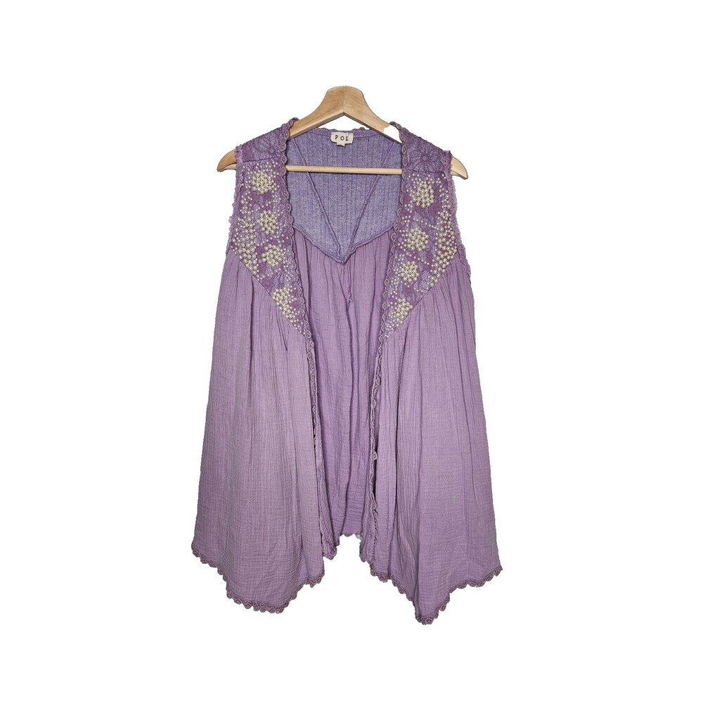 POL Purple Gauze Pearl Vest Large Boho Open Front Relaxed Fit Lagenlook Artsy